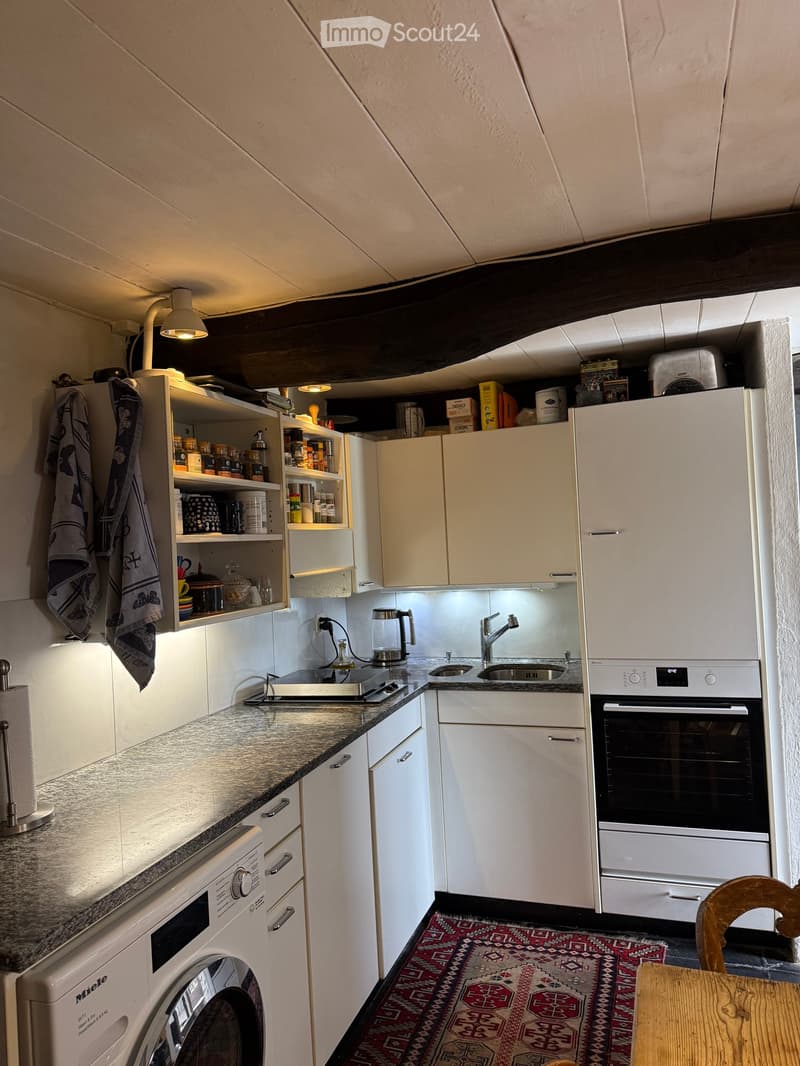 Compact kitchen with white cabinets, granite countertop, stainless steel sink, and appliances including a refrigerator, oven, and washing machine. Shelves hold jars and containers, and a patterned rug is on the floor.