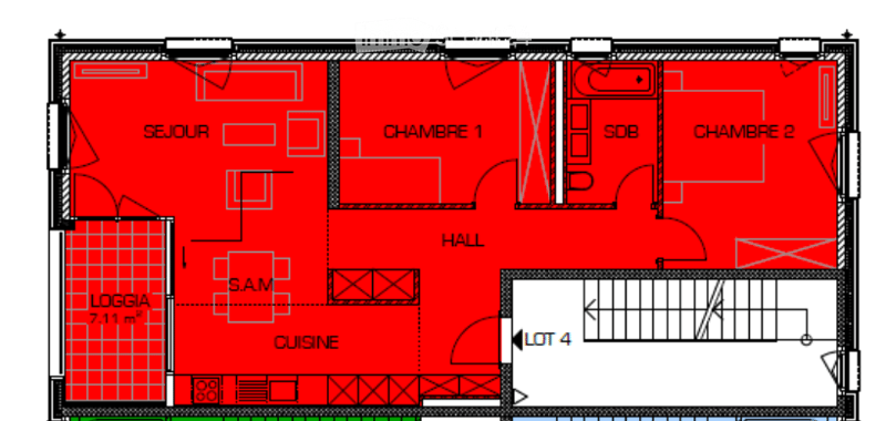 Floor plan of a residential unit with living room, kitchen, two bedrooms, bathroom, hallway, and entrance area.