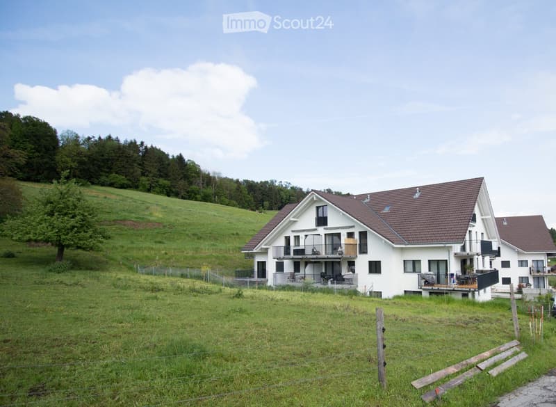 Modern two-story house with white exterior, brown tiled roof, multiple balconies, and large windows, situated on a grassy hillside with trees in the background.