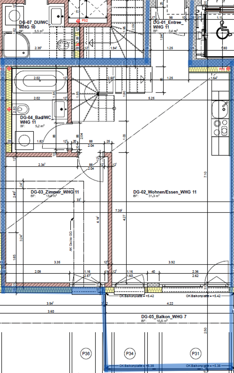 Floor plan of a multi-level residential building with labeled rooms including living-dining area, bedroom, bathroom, entrance, and balcony.
