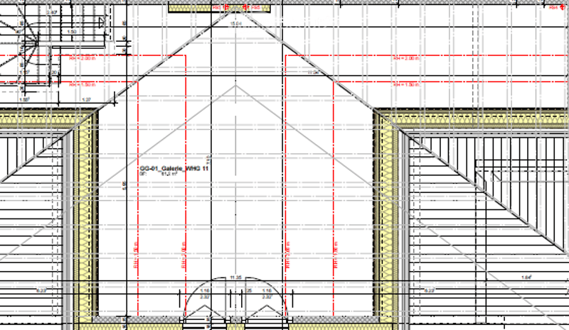 Detailed floor plan of a residential building, showing multiple rooms, labeled areas, and structural elements.
