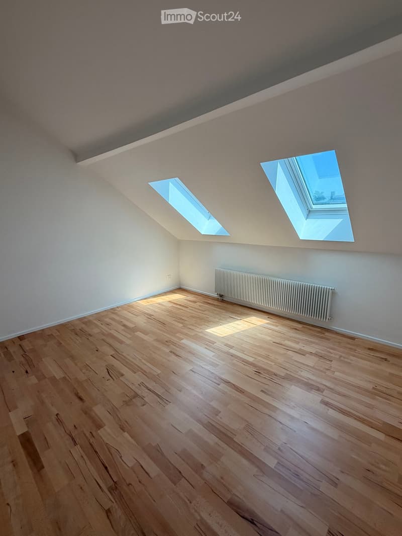 Empty room with wooden flooring, white walls, and skylights allowing natural light to enter. A radiator is visible along one wall.