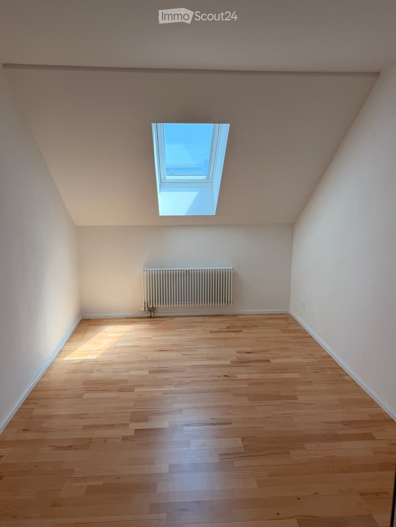 Empty room with wooden flooring, white walls, a radiator, and a skylight window.