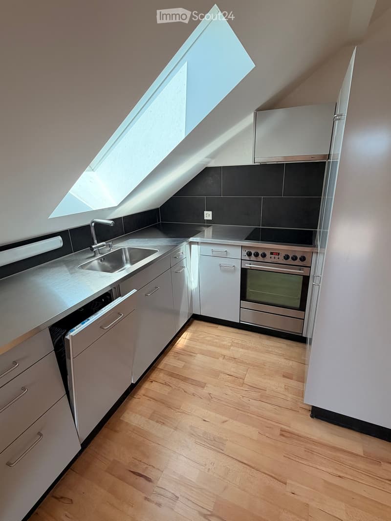 Modern kitchen with light wooden flooring, stainless steel appliances including a sink, oven, and dishwasher, and white cabinets.