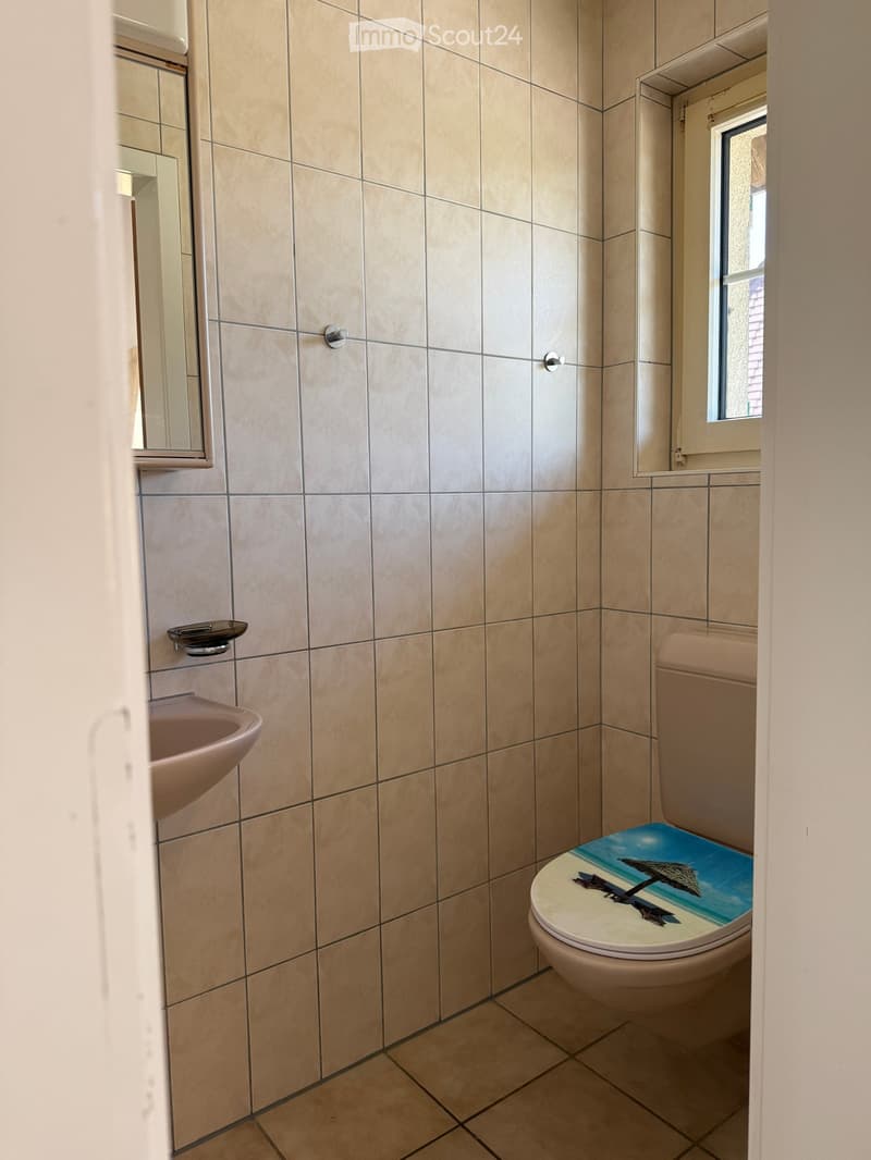 Bathroom with beige tiled walls and floor, featuring a toilet with a beach-themed seat cover, a sink, and a mirror.