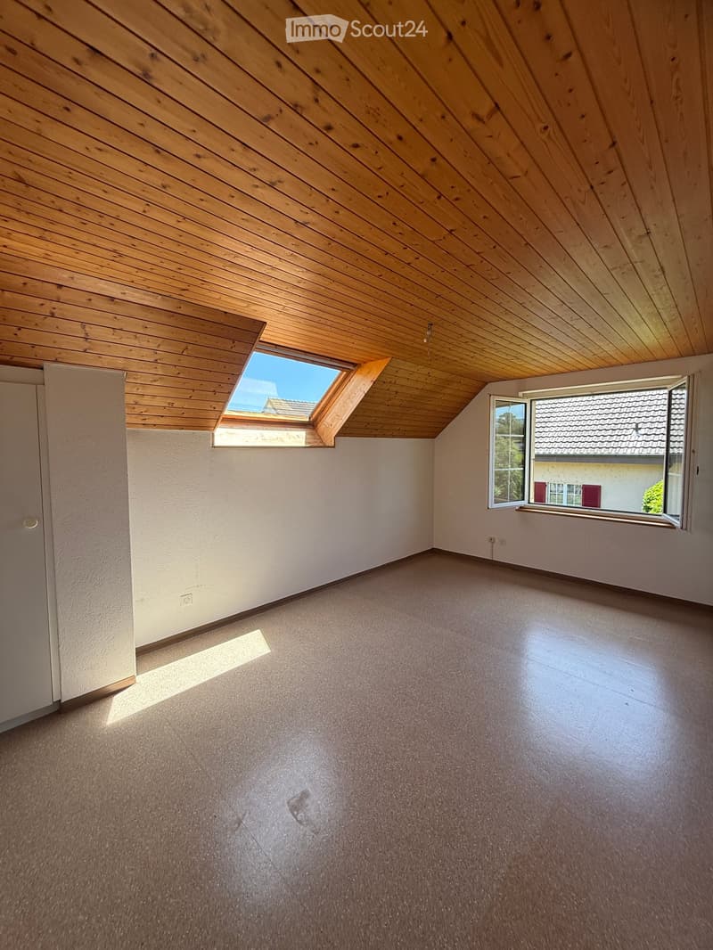 Empty room with wooden ceiling, carpeted floor, and large windows including a skylight, allowing natural light to enter.