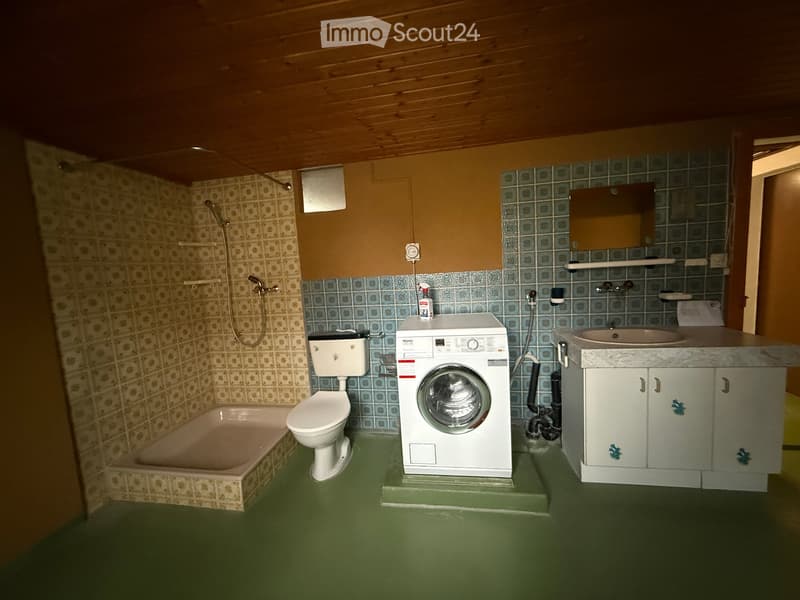 Bathroom with washing machine, bathtub, and toilet