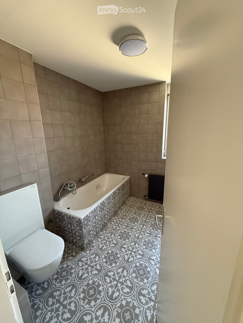 Bathroom with a bathtub, toilet, and decorative patterned tiles on the floor and around the bathtub.