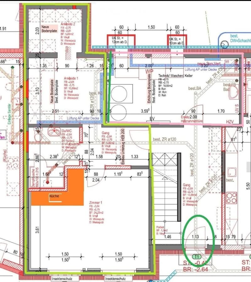 Floor plan of a residential space showing multiple rooms including a kitchen, living area, bedrooms, and technical/washing area. Dimensions and floor types are indicated.