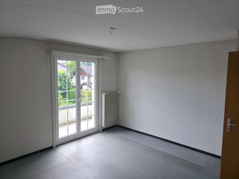 Empty room with light grey walls, carpeted floor, white sliding glass door leading outside, radiator, and a wooden door.