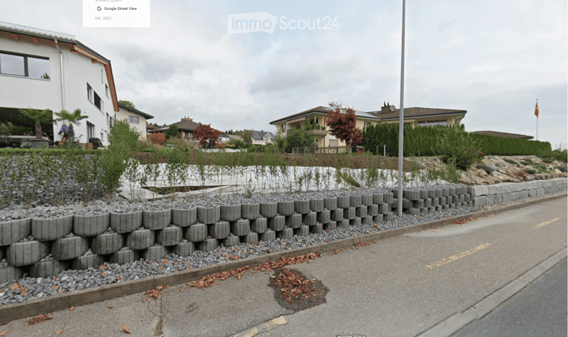 A landscaped garden area with a stone retaining wall, small plants, and a paved road in front of residential houses.