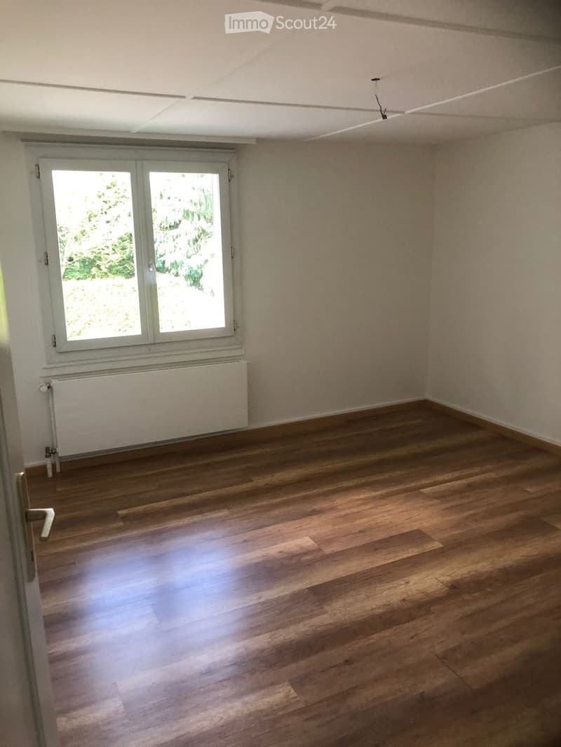 Empty room with wooden flooring, white walls, and a large window with a radiator below it.