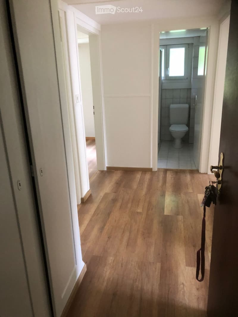 A narrow hallway with wooden flooring and white walls, leading to a bathroom with a toilet and tiled walls.