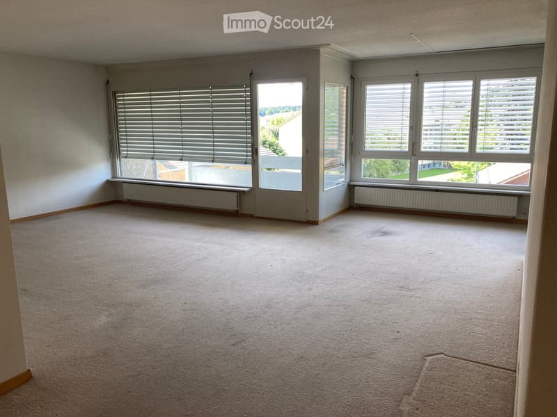 Empty room with beige carpet, white walls, large windows with blinds, and radiators beneath the windows.