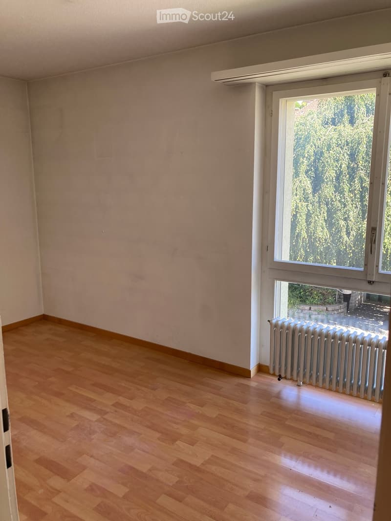 Empty room with wooden flooring, light-colored walls, and a radiator near a large window with blinds. The window offers a view of greenery outside.