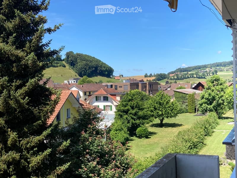 A scenic view from a balcony or terrace overlooking a residential area with houses, trees, and a green hillside in the background.