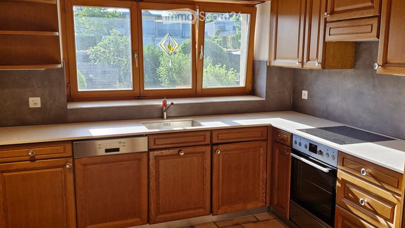 Modern kitchen with wooden cabinets, stainless steel appliances, and a large window overlooking greenery.