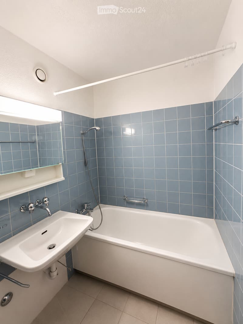 Bathroom with blue tiled walls, white bathtub, sink, mirror, and shelf. Features a showerhead and handheld shower hose.
