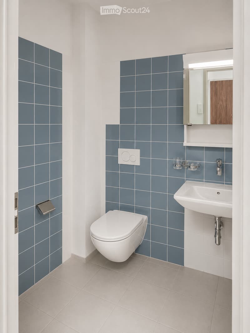 Modern bathroom with white toilet, white sink, blue tiled walls, and a large mirror above the sink.