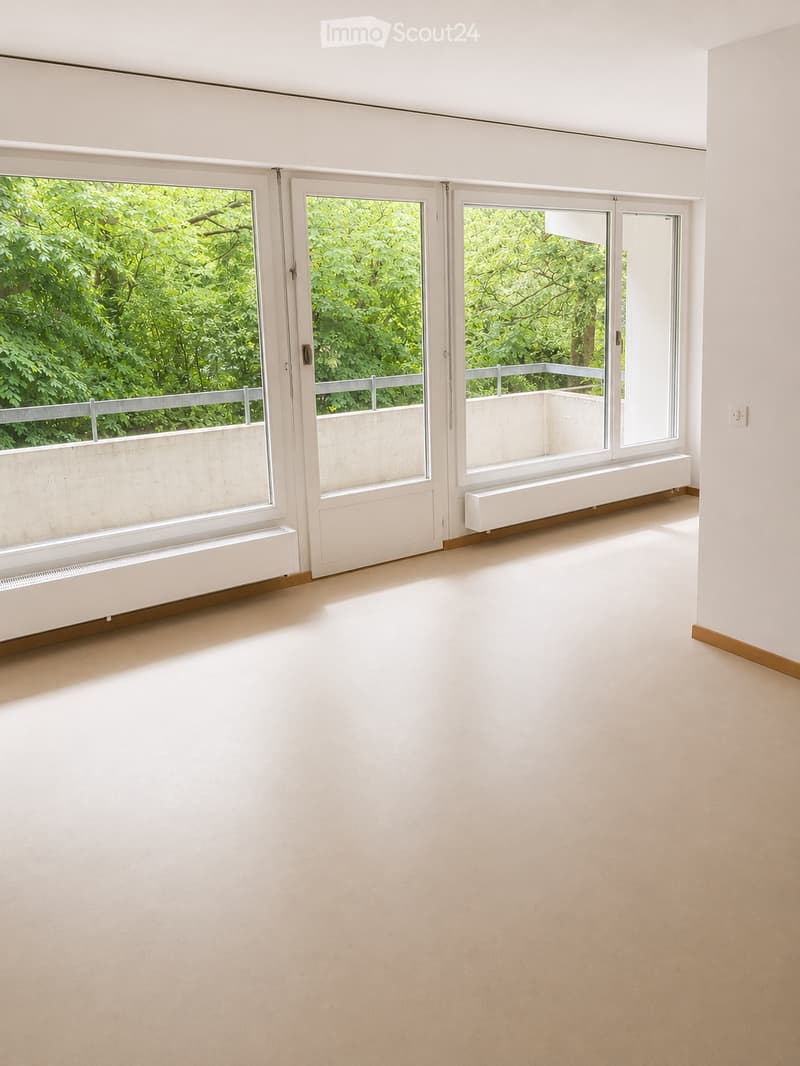 Empty room with large windows, white walls, and a smooth floor, featuring a balcony area visible through the windows.