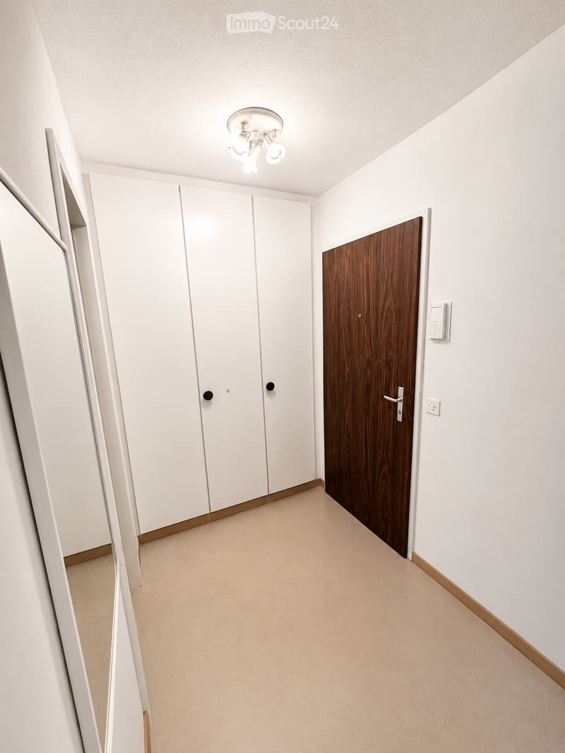 Empty hallway with white walls, light-colored carpet, white built-in closet, and a wooden door.