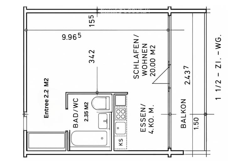 Floor plan of a 1.5-room apartment with a bedroom, bathroom, kitchen, and balcony.