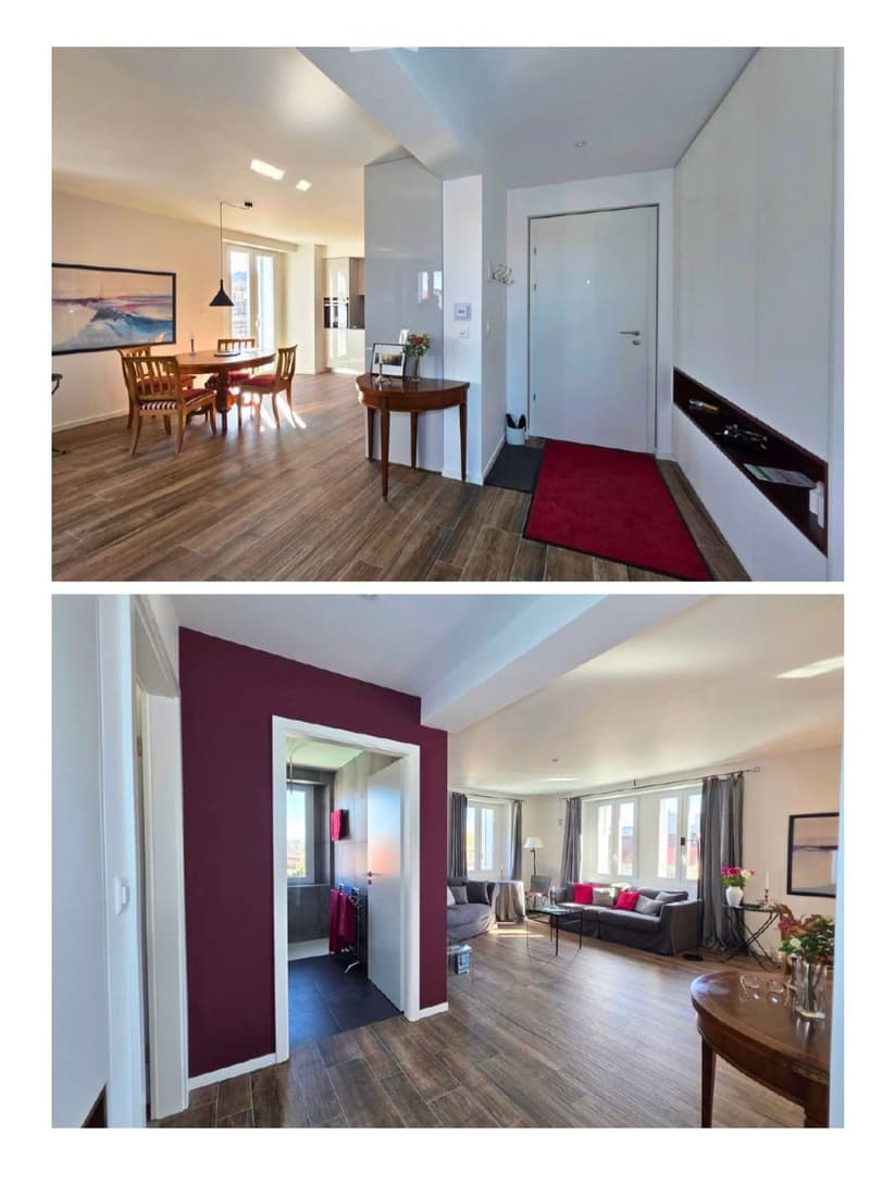 The image shows a modern, well-lit interior with wooden flooring, featuring a dining area with a table and chairs, a living room with a sofa and coffee table, and a hallway with a small table and vase. The decor includes artwork and a lamp.
