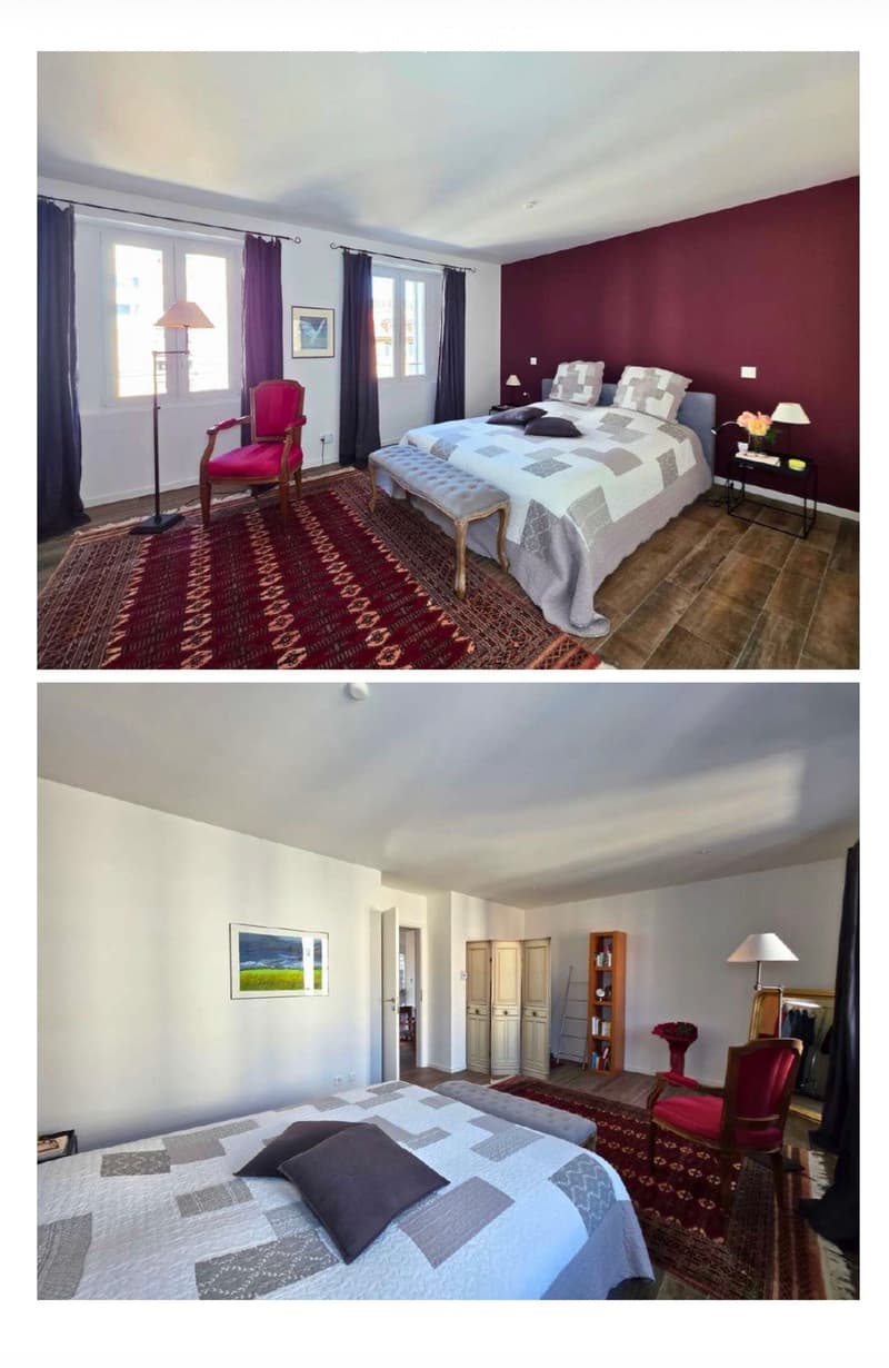Two furnished bedrooms with wooden floors, patterned rugs, and decorative elements. The first bedroom features a large bed with a patterned duvet, a red armchair, a bench, and a nightstand. The second bedroom includes a bed with a patterned duvet, a red a
