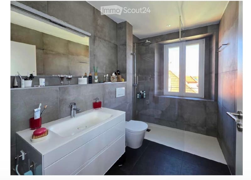Modern bathroom with a white sink, toilet, large mirror, and a glass-enclosed shower. The walls are covered in grey tiles, and the floor is dark. Various toiletries and accessories are neatly arranged on the sink counter.