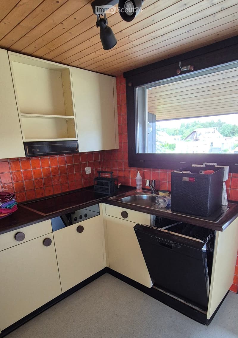The kitchen features light-colored cabinets, a dark countertop, and a red-tiled backsplash. A window with blinds allows natural light to enter. Visible items include a sink, a dishwasher, a bottle, a basket, and an oven.