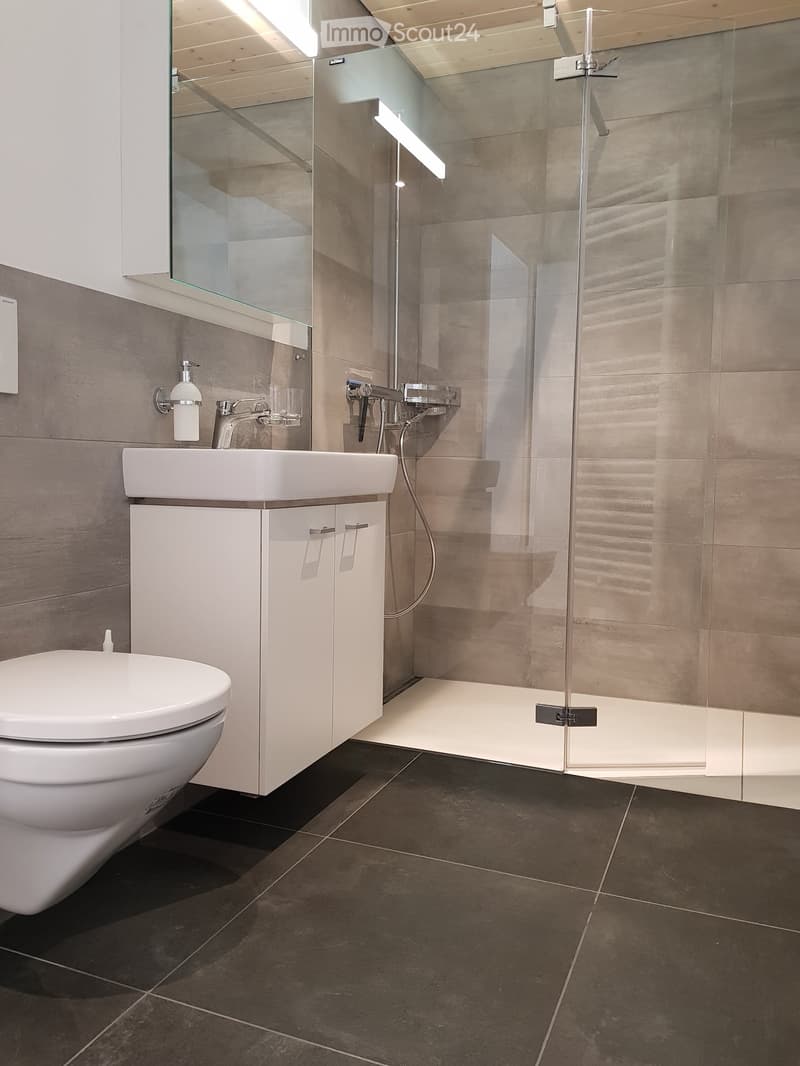 Modern bathroom with a white toilet, sink, and shower. Features grey tiles, a glass shower enclosure, and a sleek cabinet.