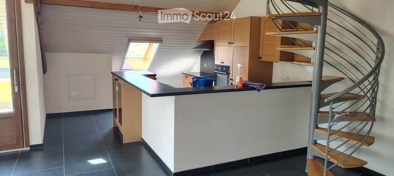 Modern kitchen with wooden cabinets, black countertop, stainless steel appliances, and a spiral staircase leading upwards.