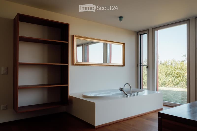 Modern bathroom with a freestanding bathtub, sleek faucet, large mirror, and wooden shelving unit.