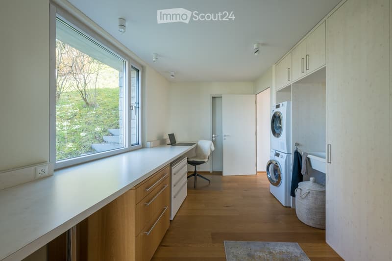 Bright, modern room with wooden flooring, large windows, a white countertop, a laptop, a chair, a washing machine, a sink, a basket, and a rug.