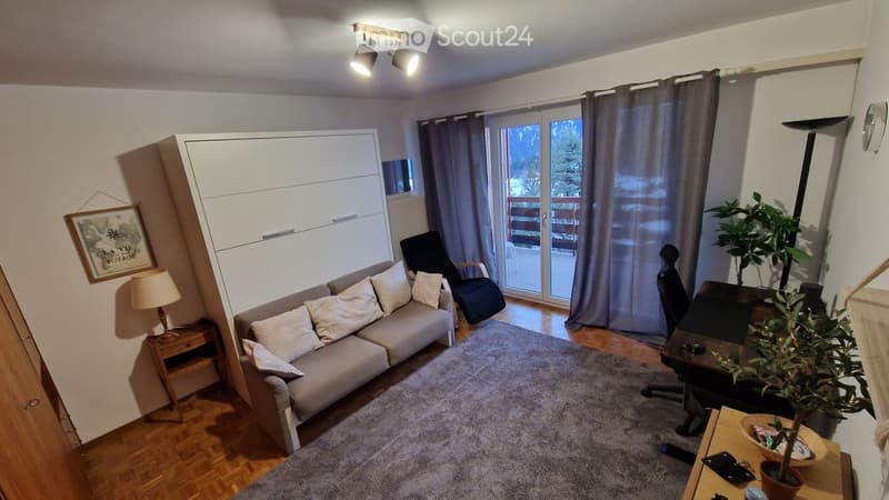 living room with couch, rug, desk, plants, lamp, picture frame, sliding glass door, balcony