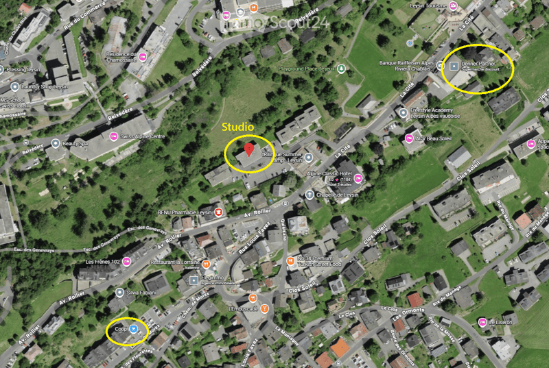 Aerial view of a town with various buildings, roads, and green spaces. Notable landmarks include a school, a spa, a pharmacy, a restaurant, and a supermarket. The map highlights specific locations such as a studio, a hotel, and a cooperative.