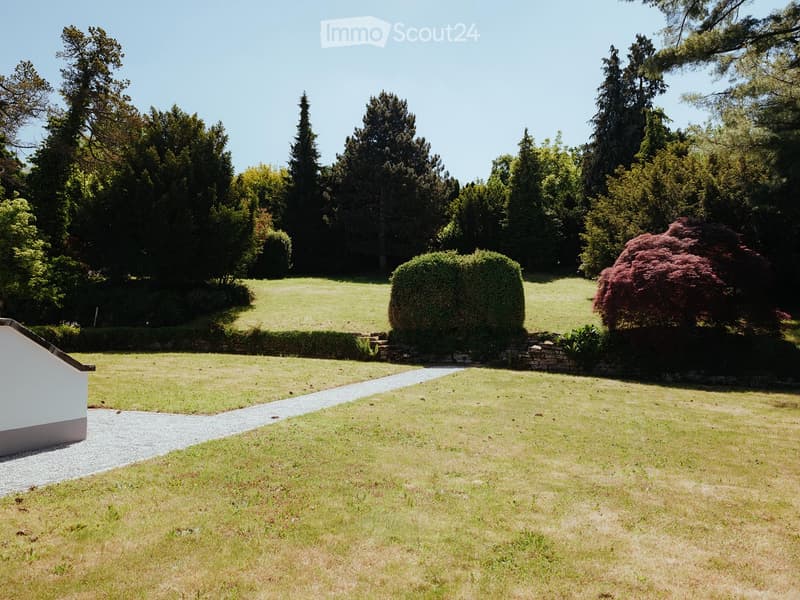 Well-maintained garden with a gravel pathway, neatly trimmed hedges, and various trees and shrubs.