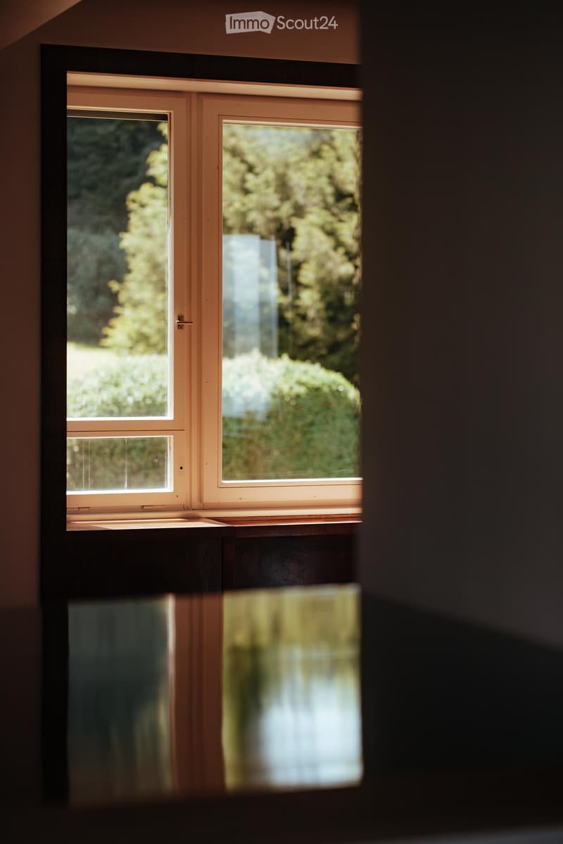 A view through an open doorway into a hallway with large windows showing a green outdoor area with trees and bushes.