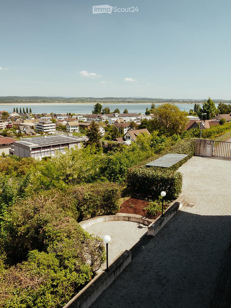 A rooftop garden with a circular concrete platform, surrounded by greenery and bushes, overlooking a town with houses and a body of water in the distance.
