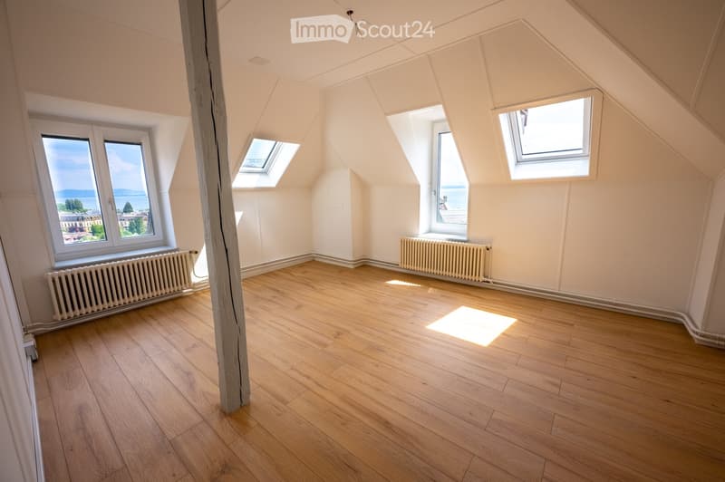 Bright, empty attic room with wooden flooring, white walls, and multiple windows offering a scenic view. Radiators are present along the walls.