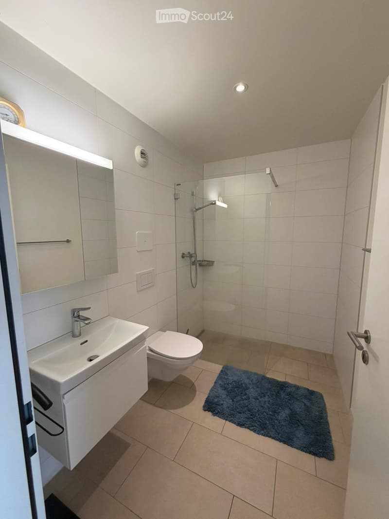 Modern bathroom with white tiles, a sink with a modern faucet, a toilet, a glass-enclosed shower, a mirror cabinet, and a blue bathroom rug.