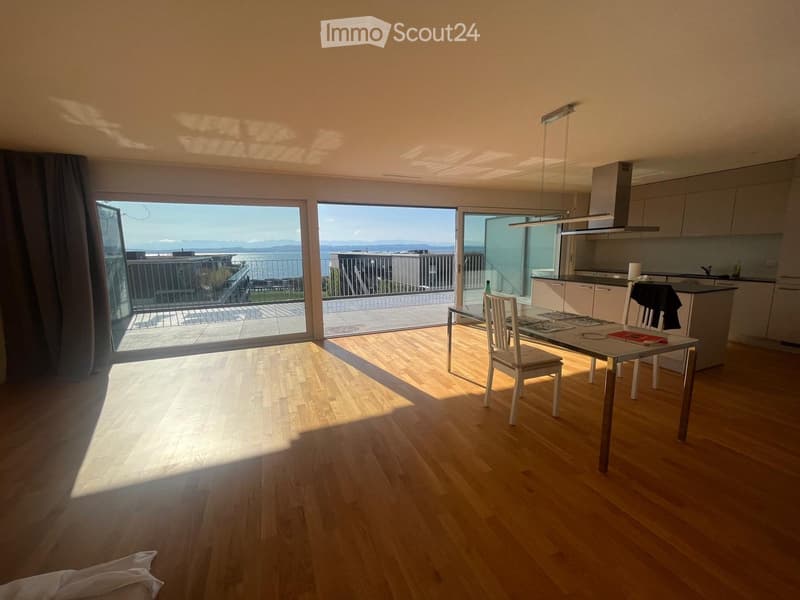 Bright, open-plan living and dining area with wooden flooring, large windows offering a scenic view, a dining table with chairs, and a modern kitchen area with cabinets and a counter.