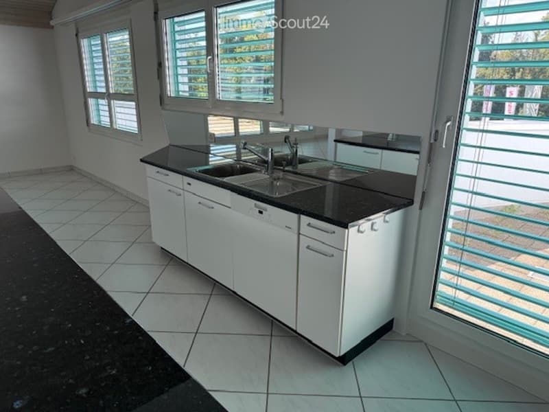 Modern kitchen with white cabinets, black countertop, and stainless steel sink.