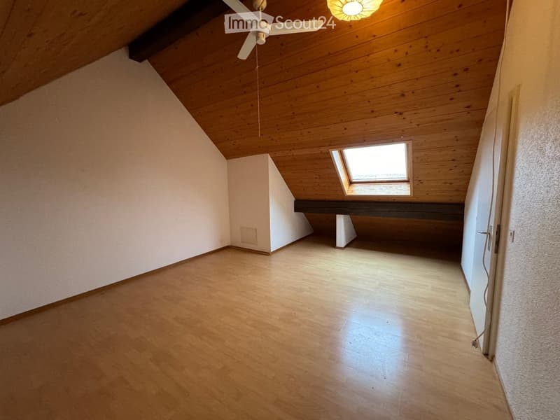 empty room, wooden ceiling, wooden floor, white walls, ceiling fan, skylight