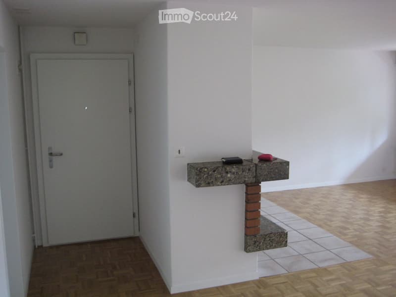 Empty hallway with wooden flooring, white walls, a closed door, and a small stone shelf with a few items on it.