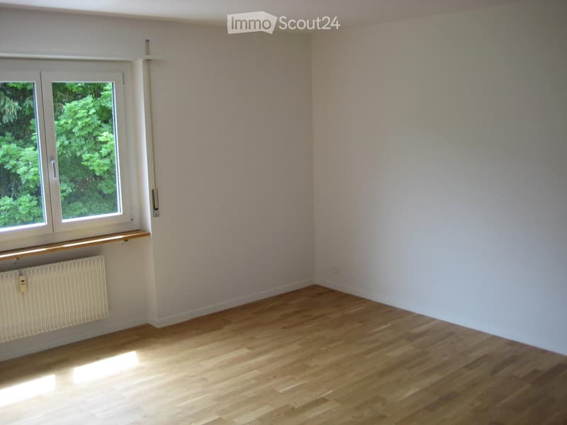 Empty room with wooden flooring, white walls, and a window with a view of greenery. A radiator is visible below the window.