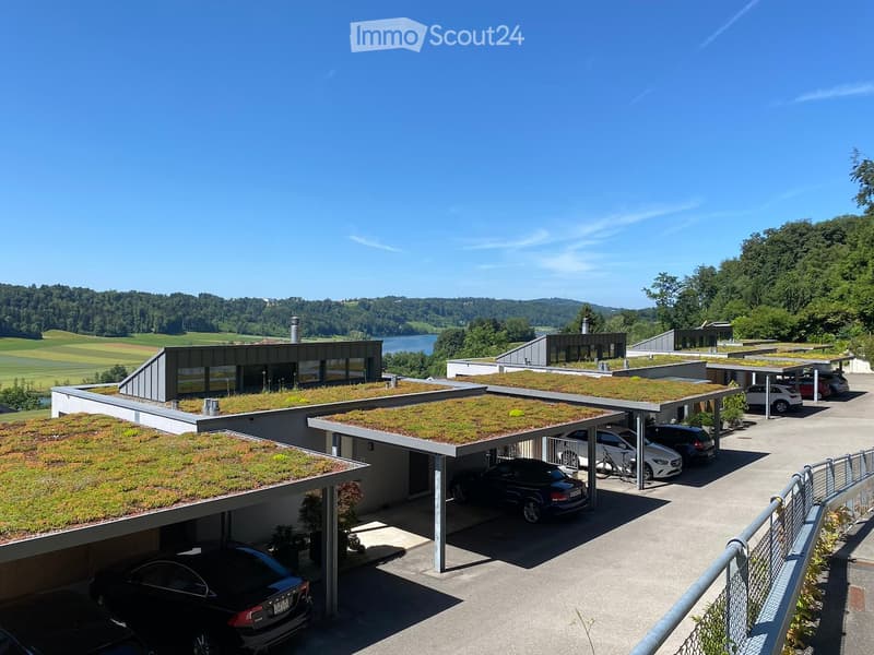 Modern building with green roofs, multiple parking spaces, and a scenic view of a lake and greenery.