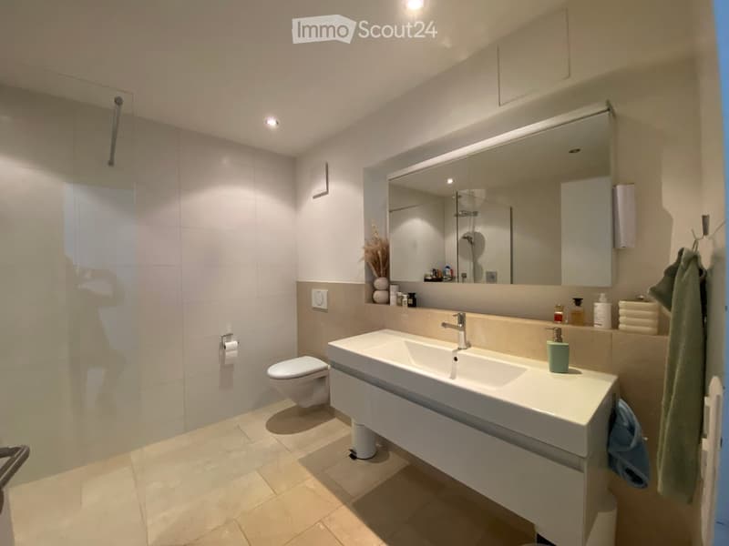 Modern bathroom with a white sink, toilet, large mirror, and tiled walls. Includes a towel, soap dispenser, and toilet paper holder.
