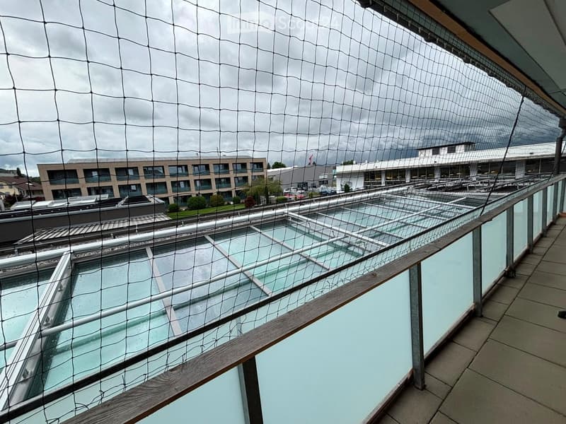 Balcony with a net cover, overlooking a modern building complex and parking area.