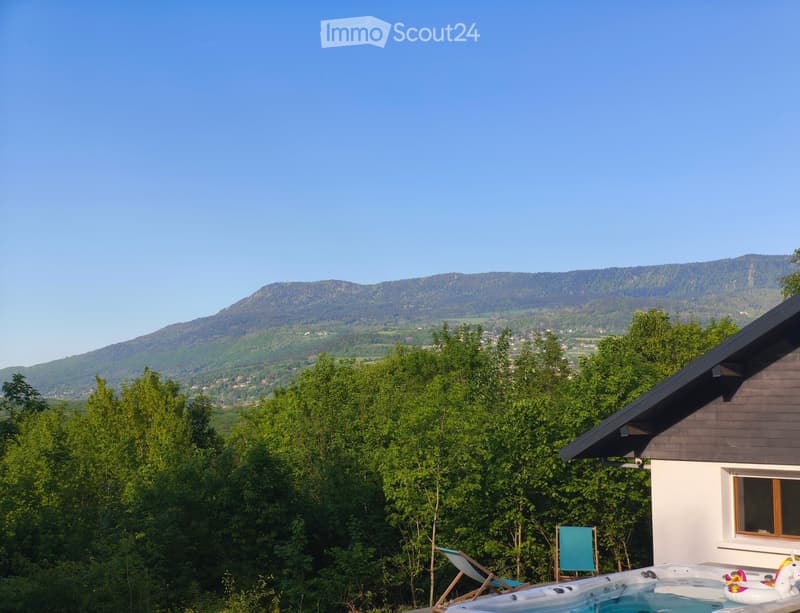 Outdoor area with a hot tub, lounge chair, and inflatable unicorn, overlooking a scenic mountain view.